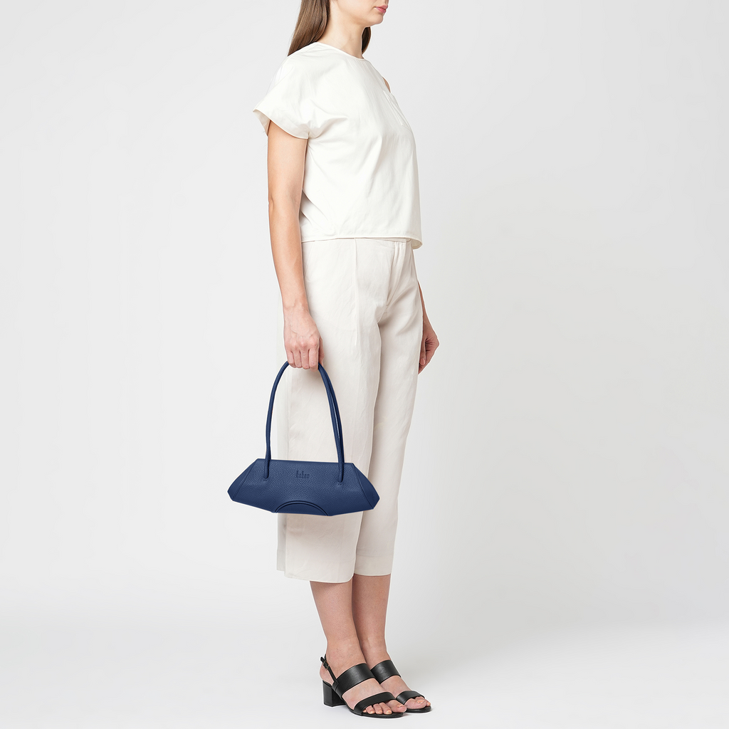 Bag It Elizabeth Mini Pebbled Leather Baguette Bag – Navy