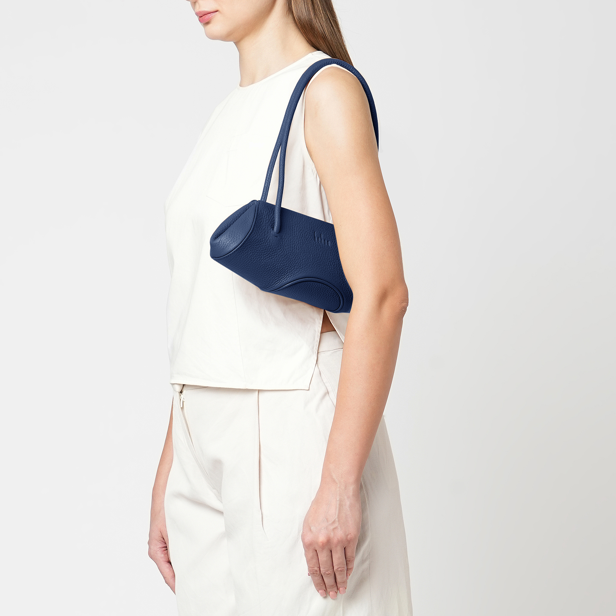 Bag It Elizabeth Mini Pebbled Leather Baguette Bag – Navy