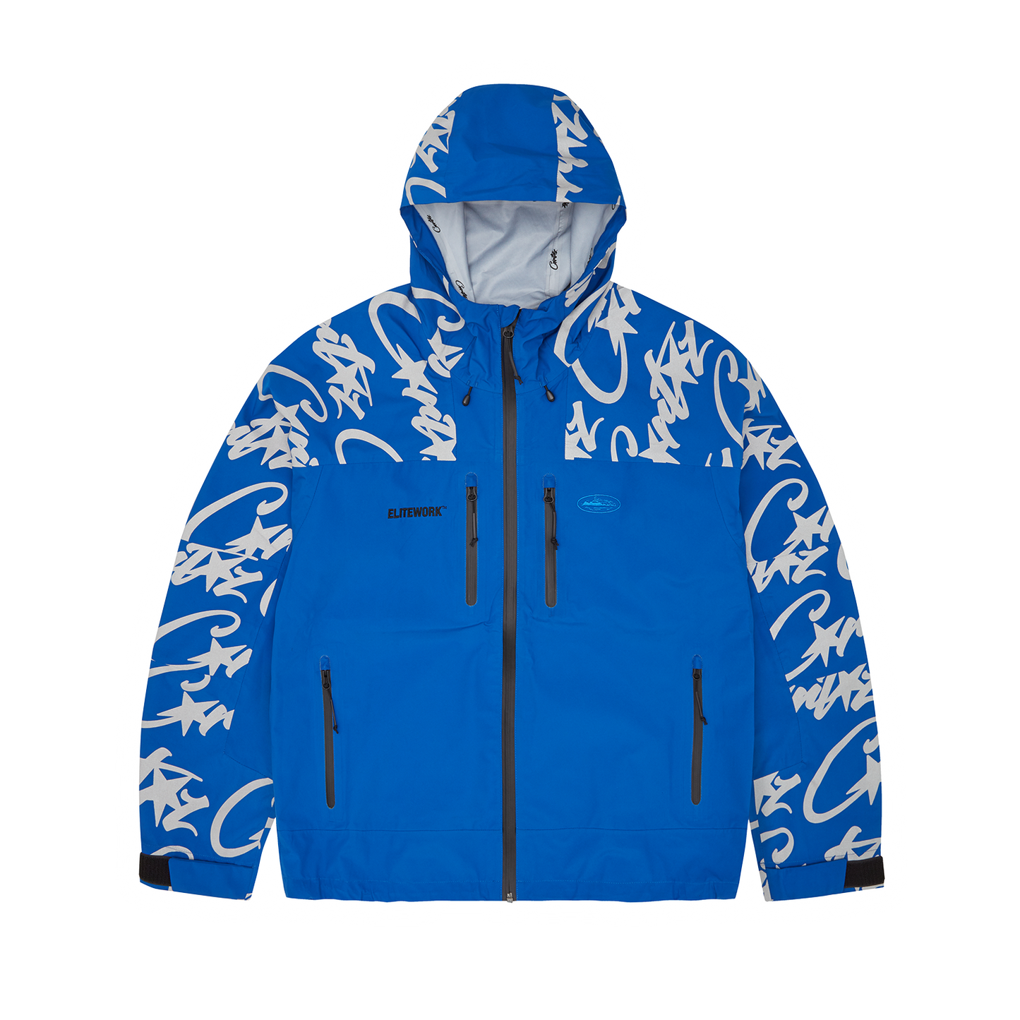Corteiz Blue Nylon Elitework Waterproof Shell Jacket, front view showing 2-layer waterproof shell and chest embroidery