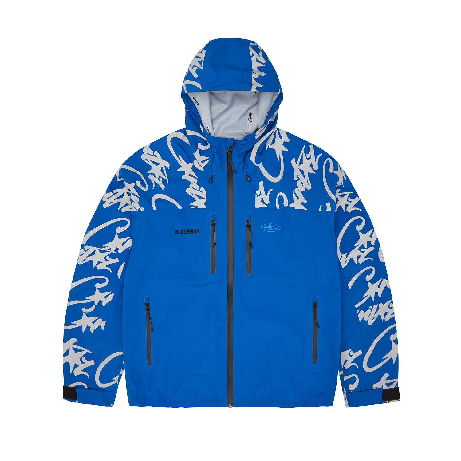 Corteiz Blue Nylon Elitework Waterproof Shell Jacket, front view showing 2-layer waterproof shell and chest embroidery