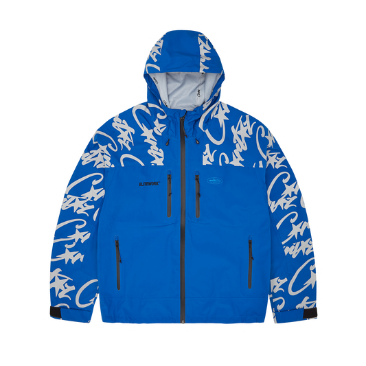 Corteiz Blue Nylon Elitework Waterproof Shell Jacket, front view showing 2-layer waterproof shell and chest embroidery
