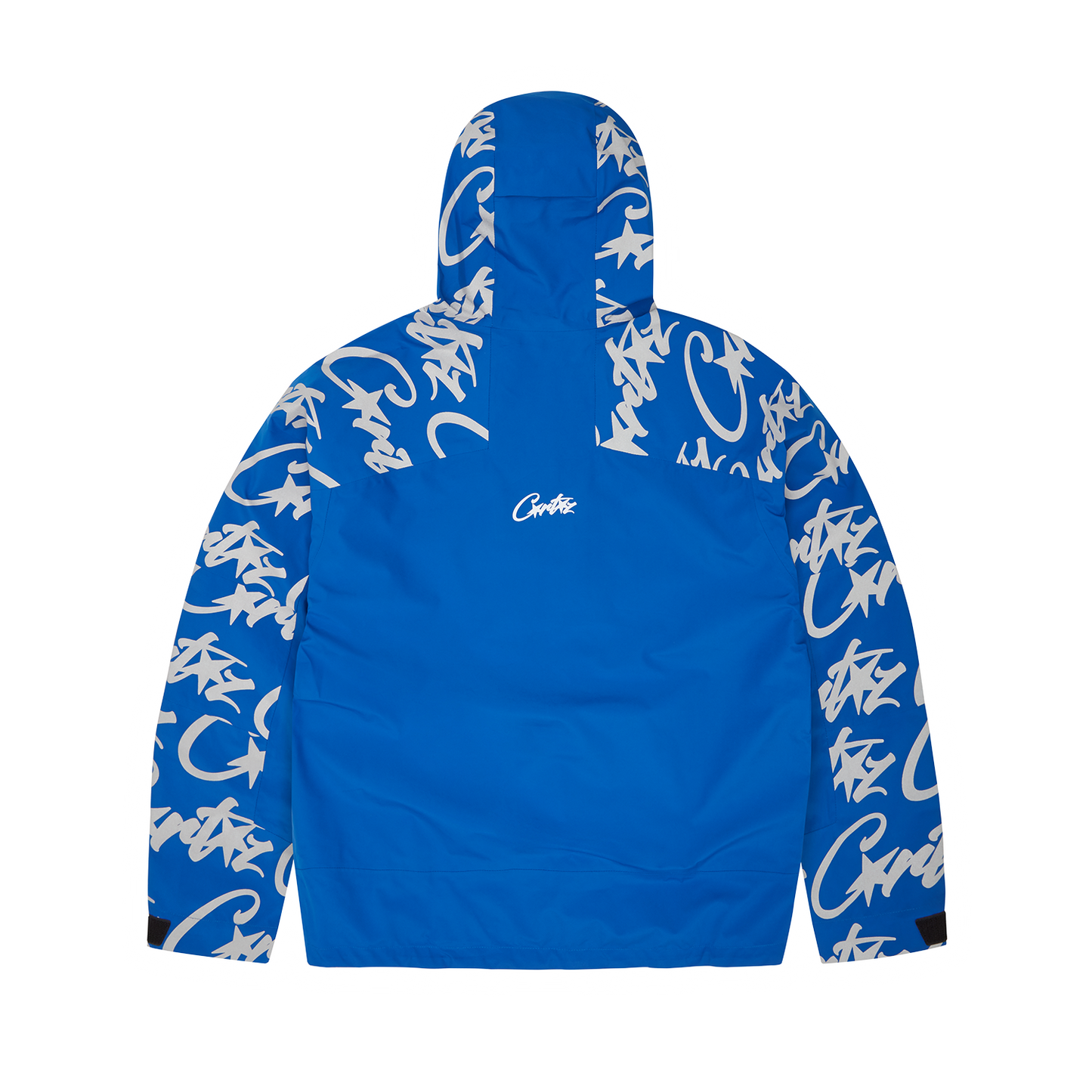 Corteiz Blue Nylon Elitework Waterproof Shell Jacket, back view showing reflective Allstarz branding