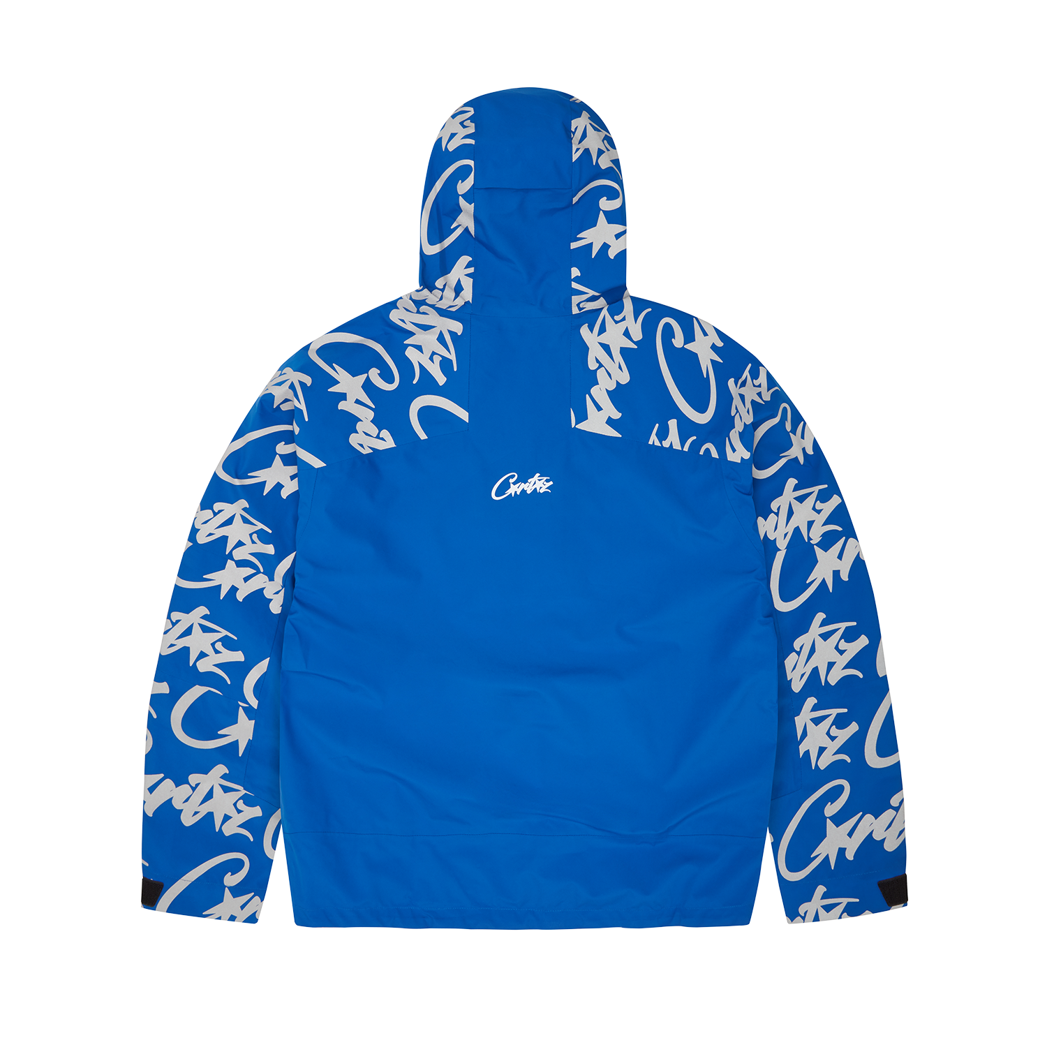 Corteiz Blue Nylon Elitework Waterproof Shell Jacket, back view showing reflective Allstarz branding