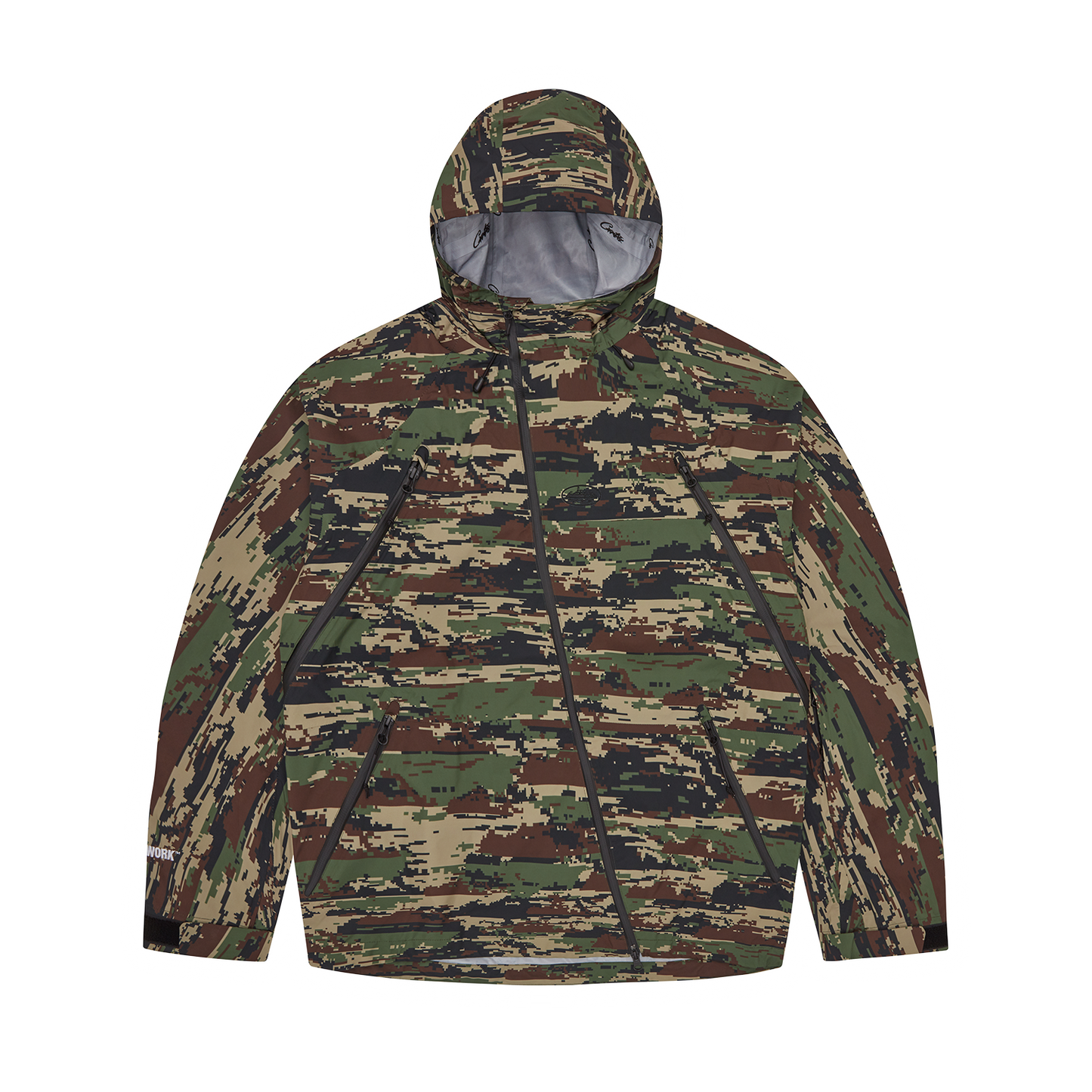 Corteiz Green Nylon Elitework Waterproof Shell Jacket V2, Digi Camo, front view showing camo print and chest embroidery