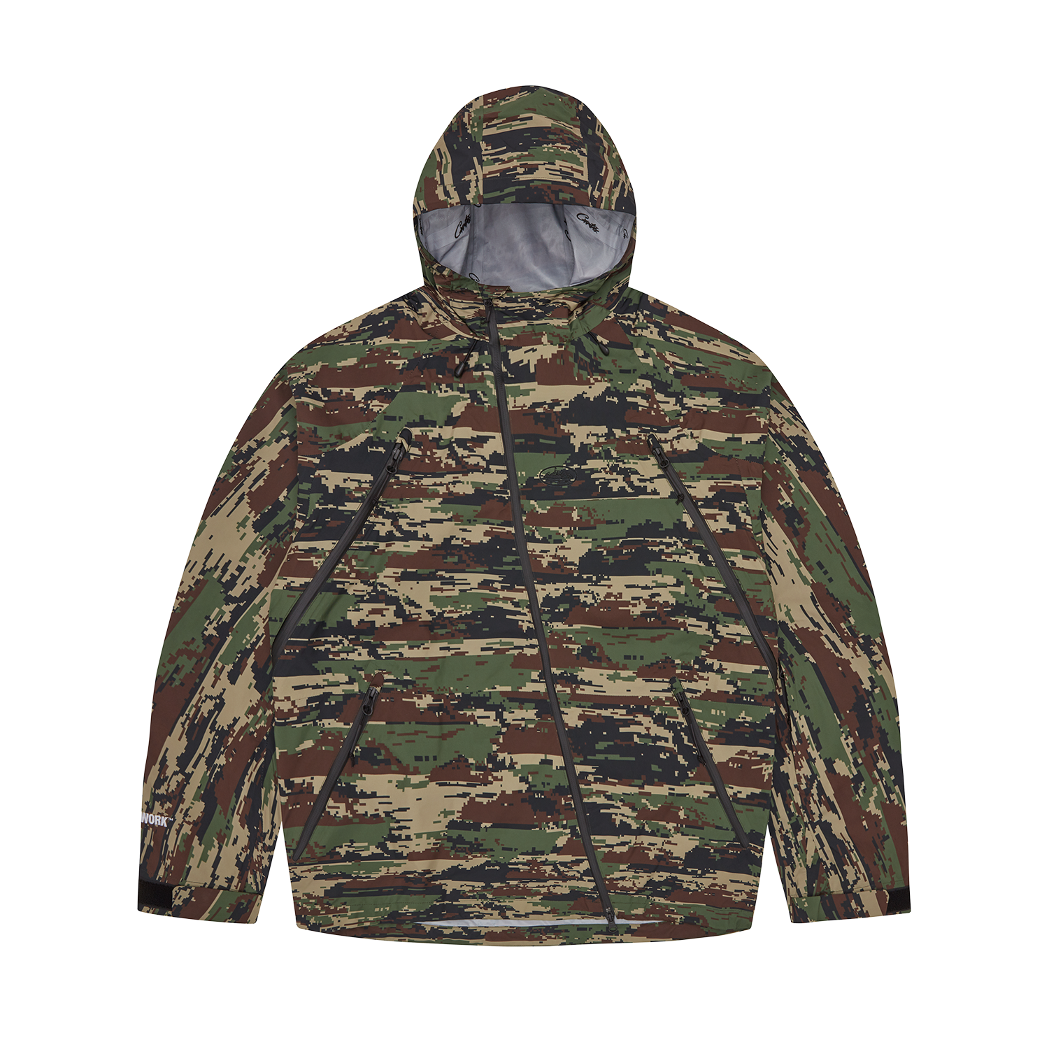 Corteiz Green Nylon Elitework Waterproof Shell Jacket V2, Digi Camo, front view showing camo print and chest embroidery