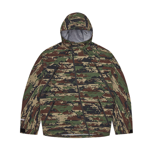 Corteiz Green Nylon Elitework Waterproof Shell Jacket V2, Digi Camo, front view showing camo print and chest embroidery