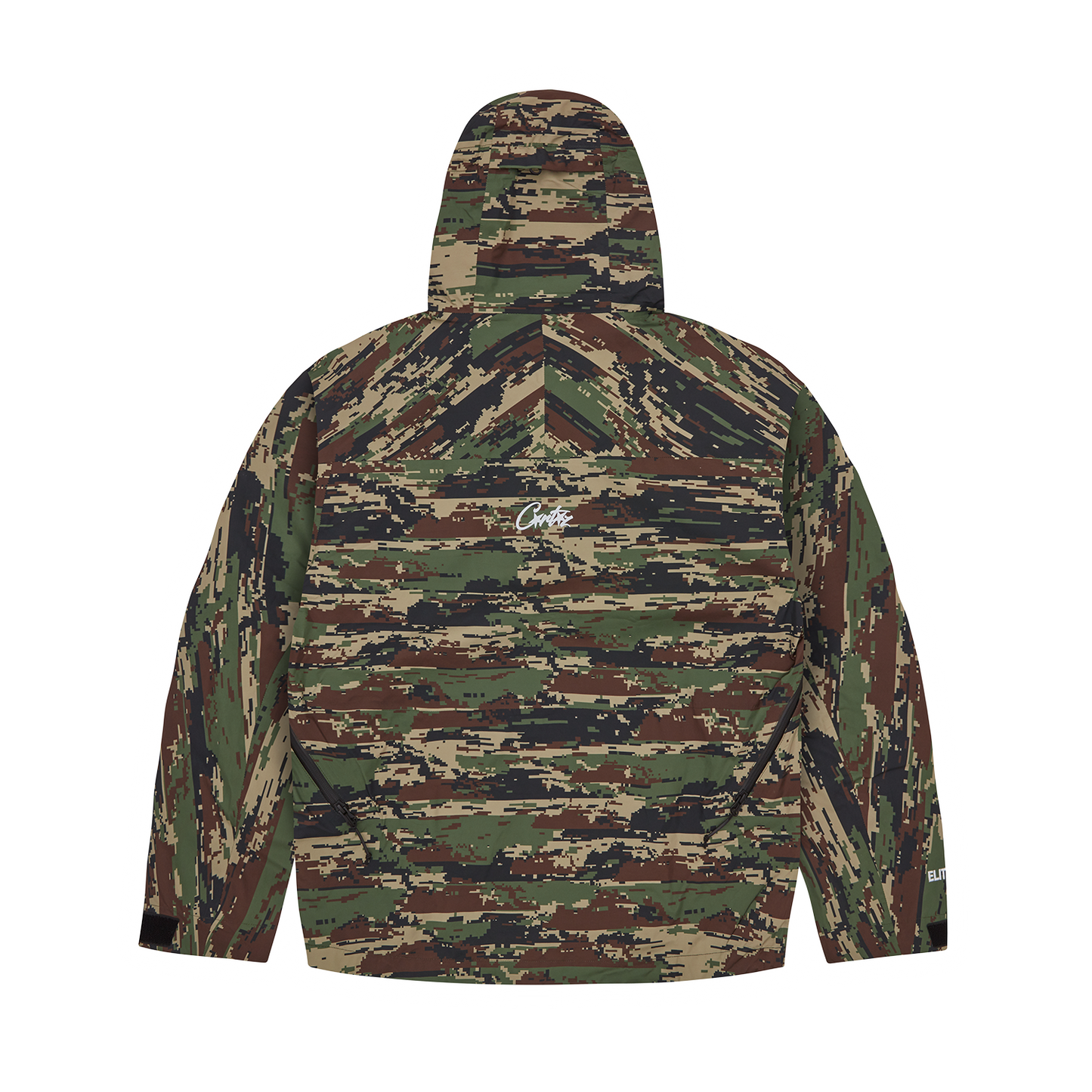 Corteiz Green Nylon Elitework Waterproof Shell Jacket V2, Digi Camo, back view showing sealed seam construction