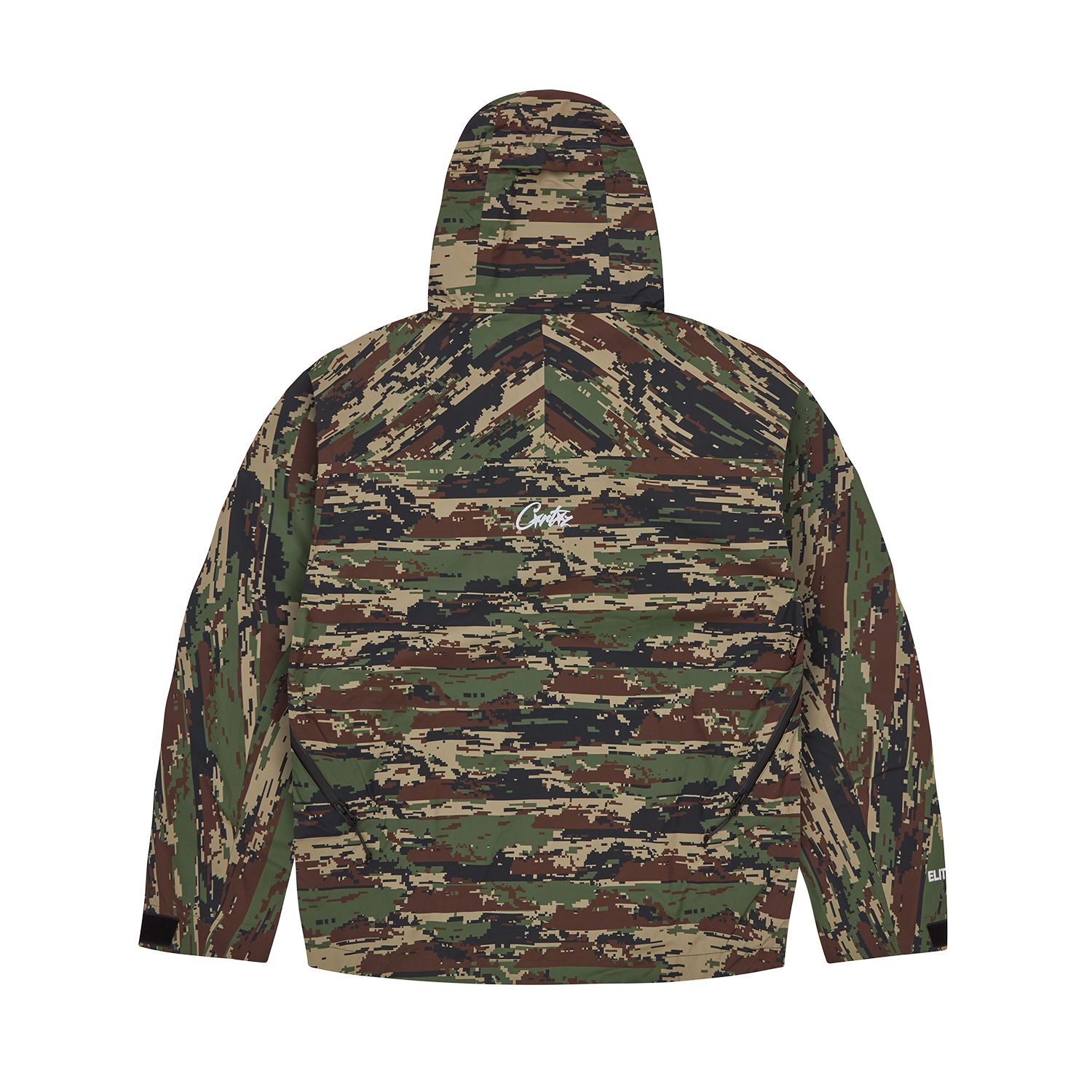 Corteiz Green Nylon Elitework Waterproof Shell Jacket V2, Digi Camo, back view showing sealed seam construction