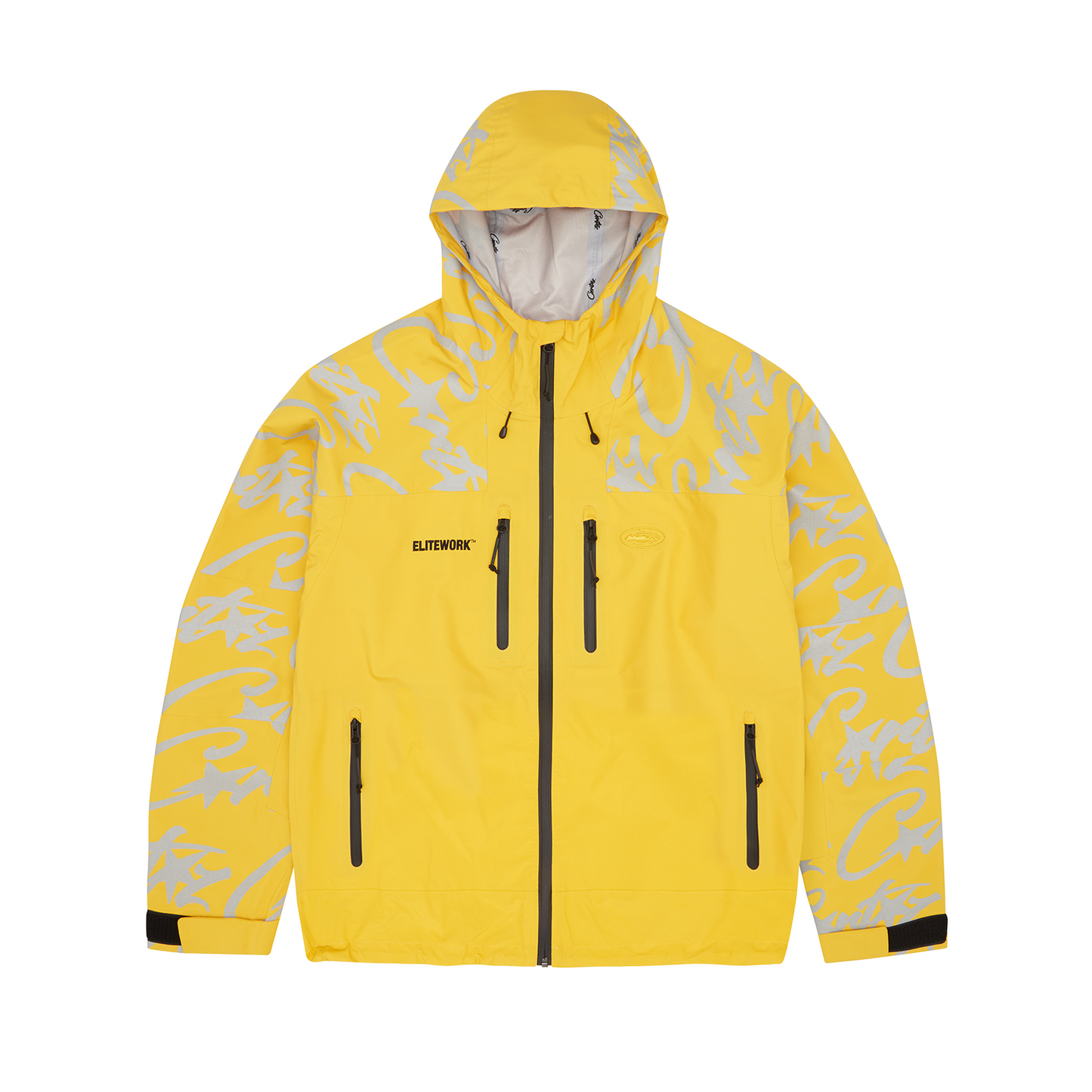 Corteiz Yellow Nylon Elitework Waterproof Shell Jacket, front view showing 2-layer waterproof shell and chest embroidery