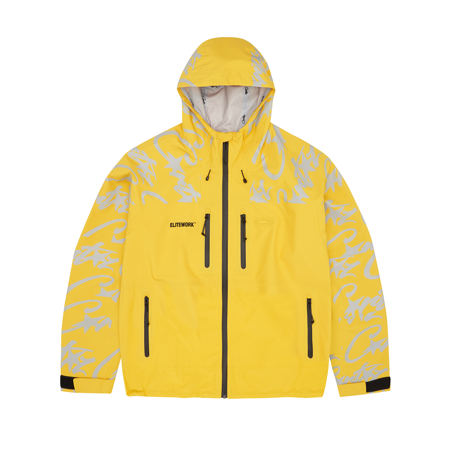 Corteiz Yellow Nylon Elitework Waterproof Shell Jacket, front view showing 2-layer waterproof shell and chest embroidery