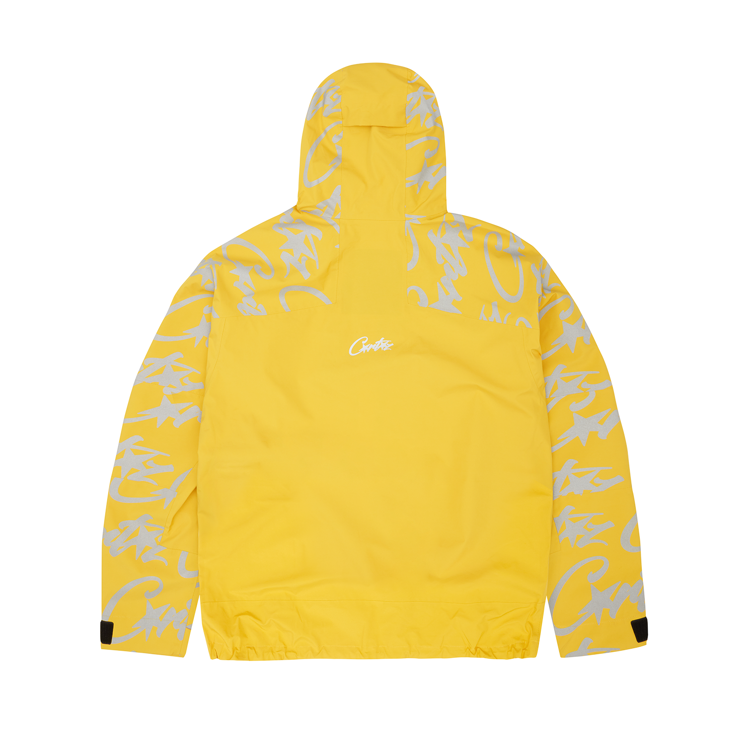 Corteiz Yellow Nylon Elitework Waterproof Shell Jacket, back view showing reflective Allstarz branding