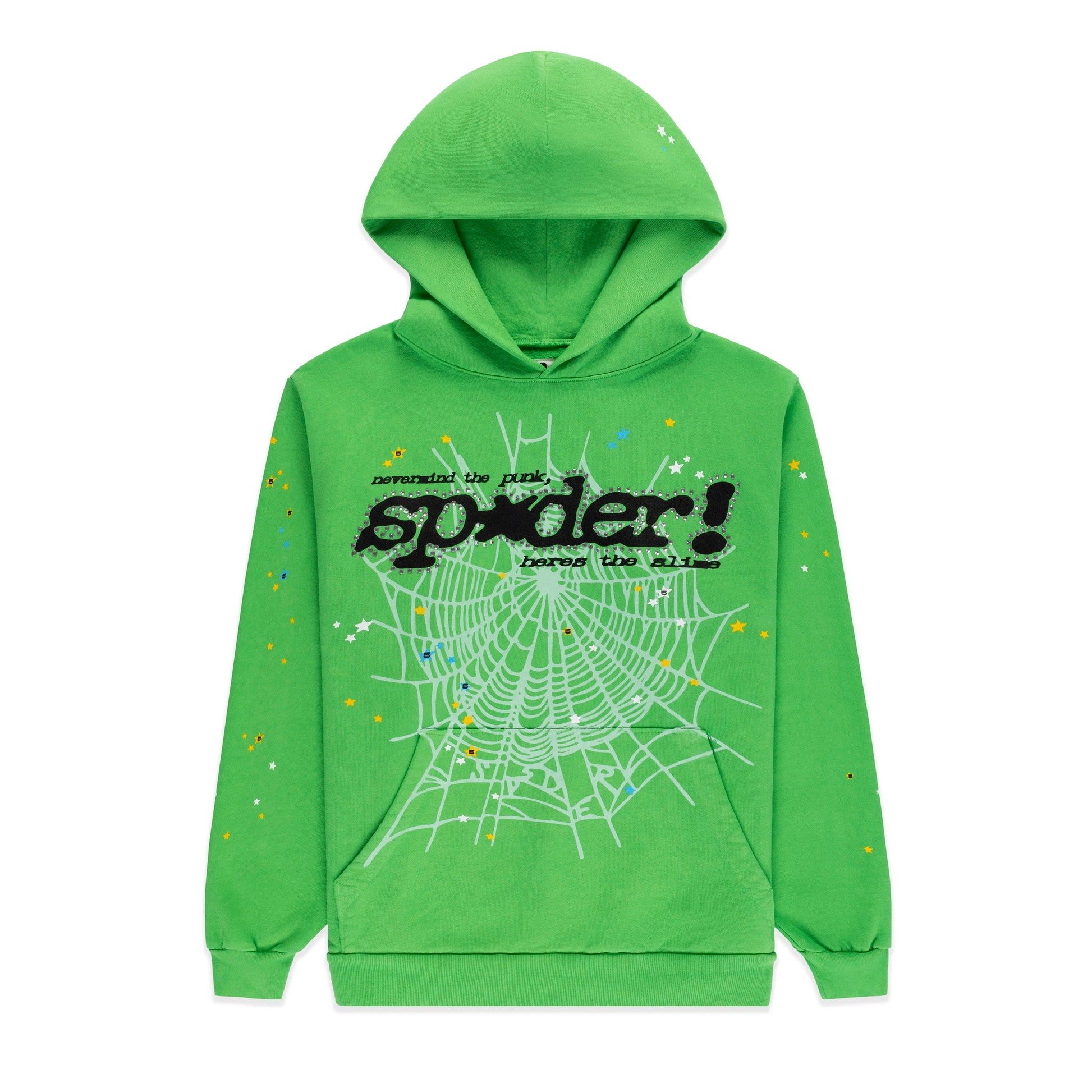 SP5DER Punk V2 Rhinestone Hoodie - Bright Green - Front View