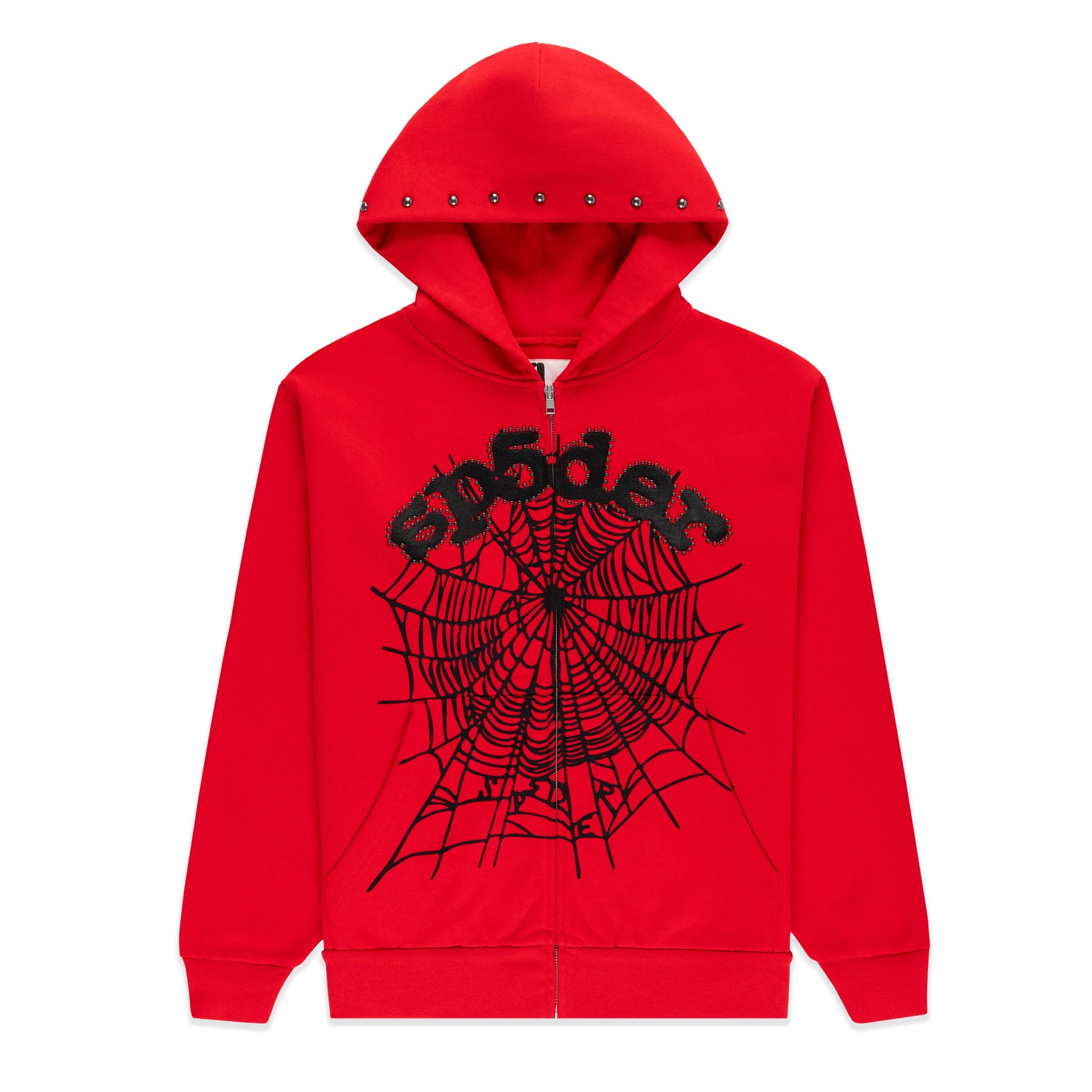 SP5DER OG Web Studded Full-Zip Hoodie - Red - Front View