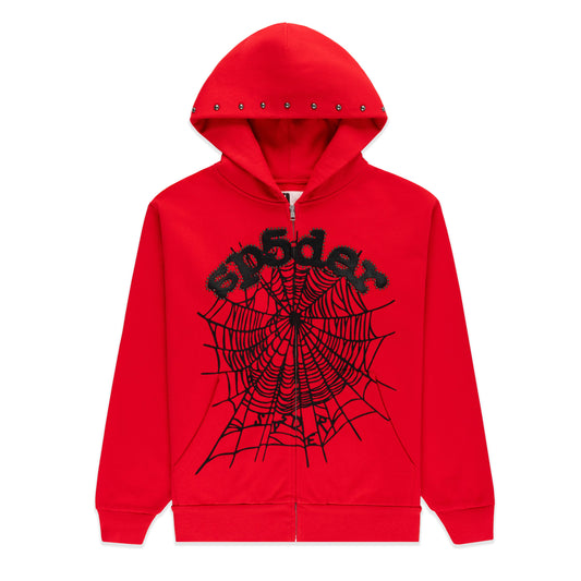 SP5DER OG Web Studded Full-Zip Hoodie - Red - Front View