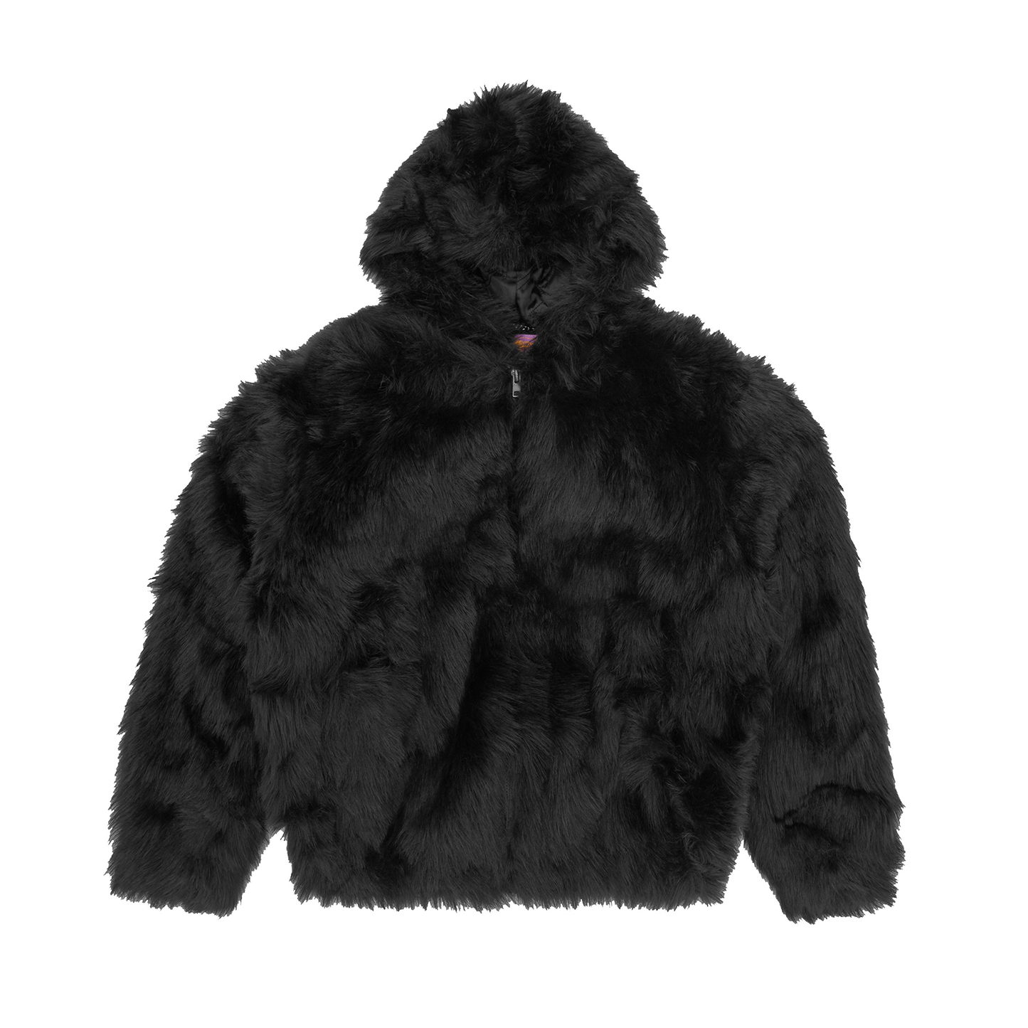 Corteiz Black Faux Fur Hooded Jacket, front view showing faux fur outer and hood