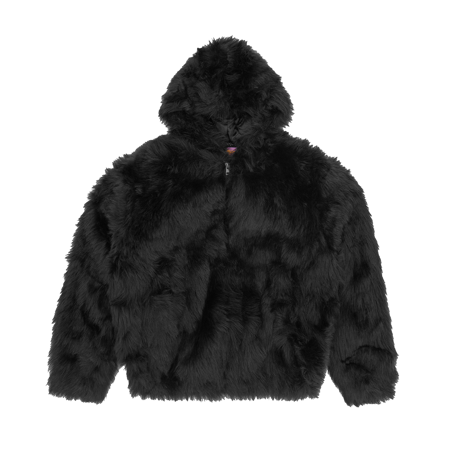 Corteiz Black Faux Fur Hooded Jacket, front view showing faux fur outer and hood