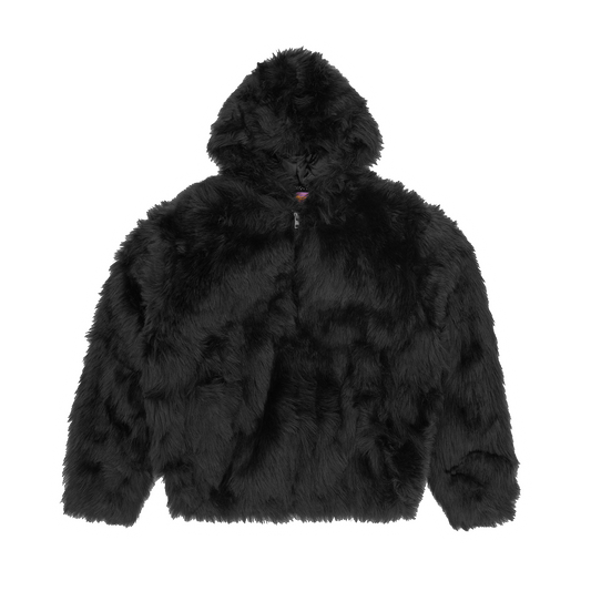 Corteiz Black Faux Fur Hooded Jacket, front view showing faux fur outer and hood
