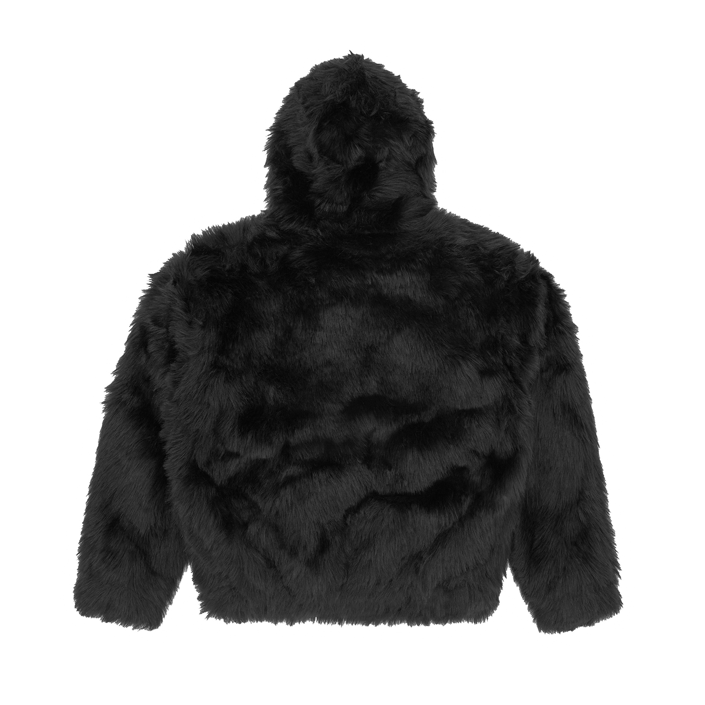 Corteiz Black Faux Fur Hooded Jacket, close-up of C-Star logo metal YKK zipper