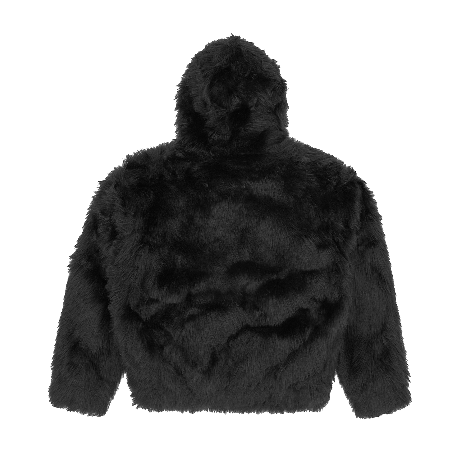 Corteiz Black Faux Fur Hooded Jacket, close-up of C-Star logo metal YKK zipper