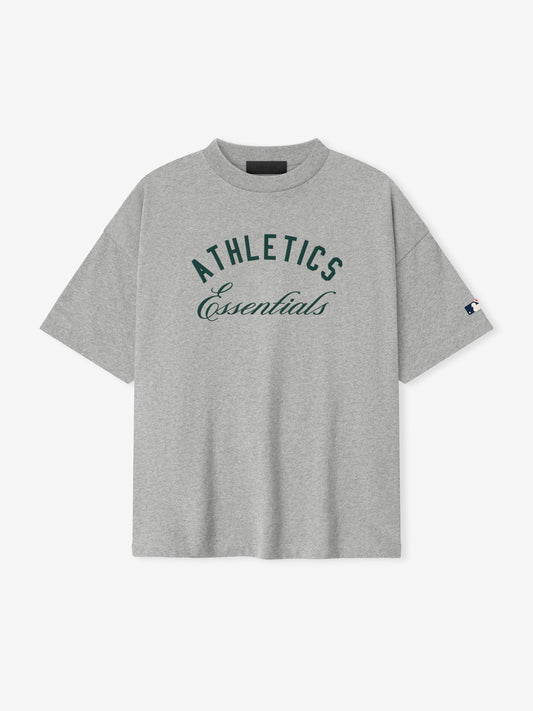 Gray t-shirt with 'Athletics Essentials' text on a white background