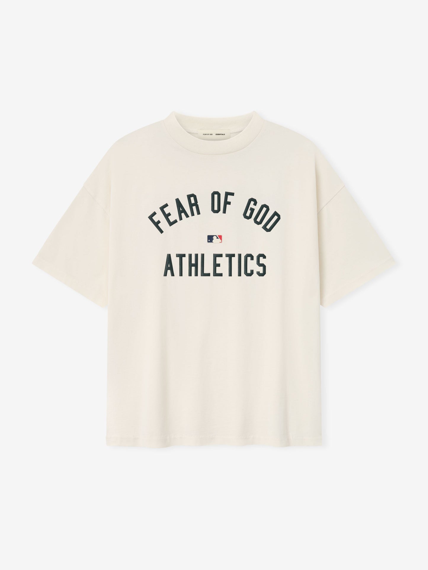 Beige t-shirt with 'Fear of God Athletics' text on a white background