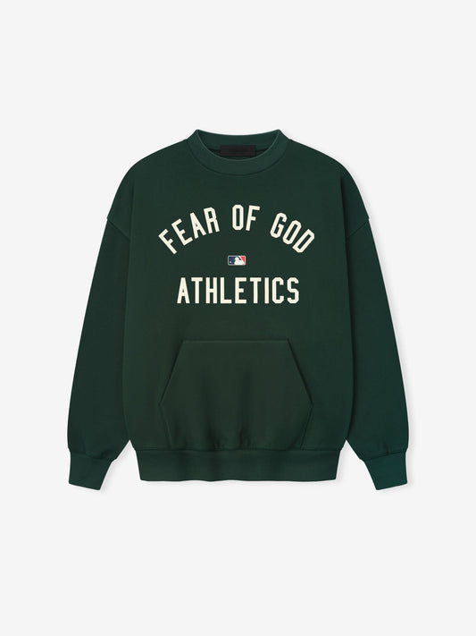 Green sweatshirt with 'Fear of God Athletics' text on a white background