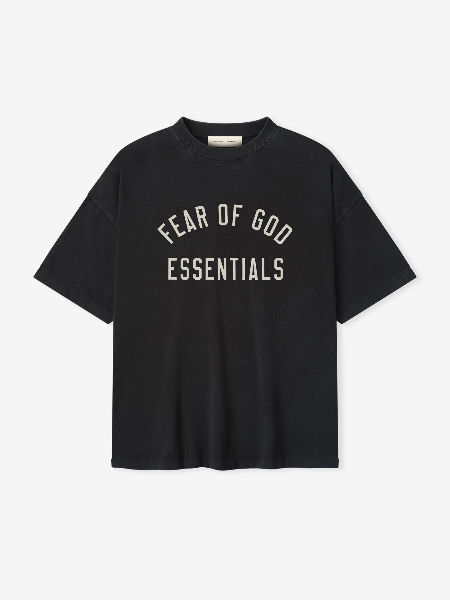 Black t-shirt with 'Fear of God Essentials' text on a white background
