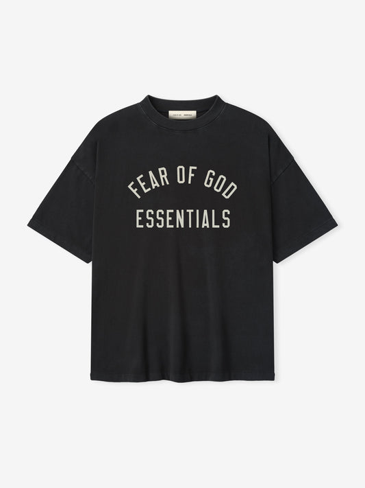 Black t-shirt with 'Fear of God Essentials' text on a white background