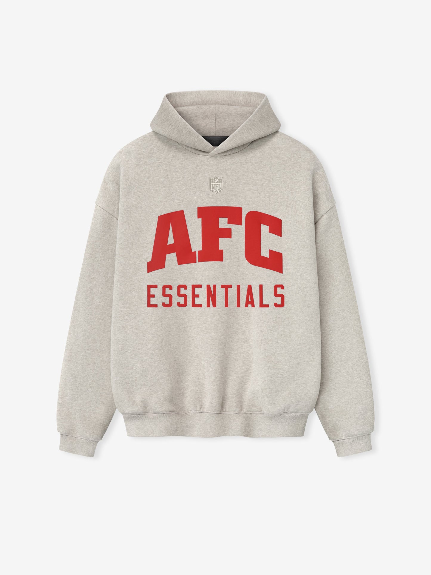 Gray hoodie with red 'AFC Essentials' text on a white background