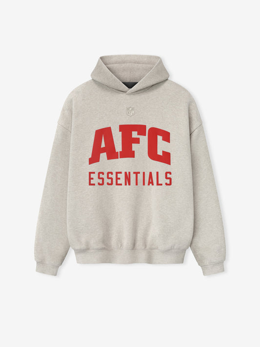 Gray hoodie with red 'AFC Essentials' text on a white background