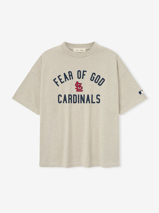 Beige t-shirt with 'Fear of God Cardinals' text on a white background