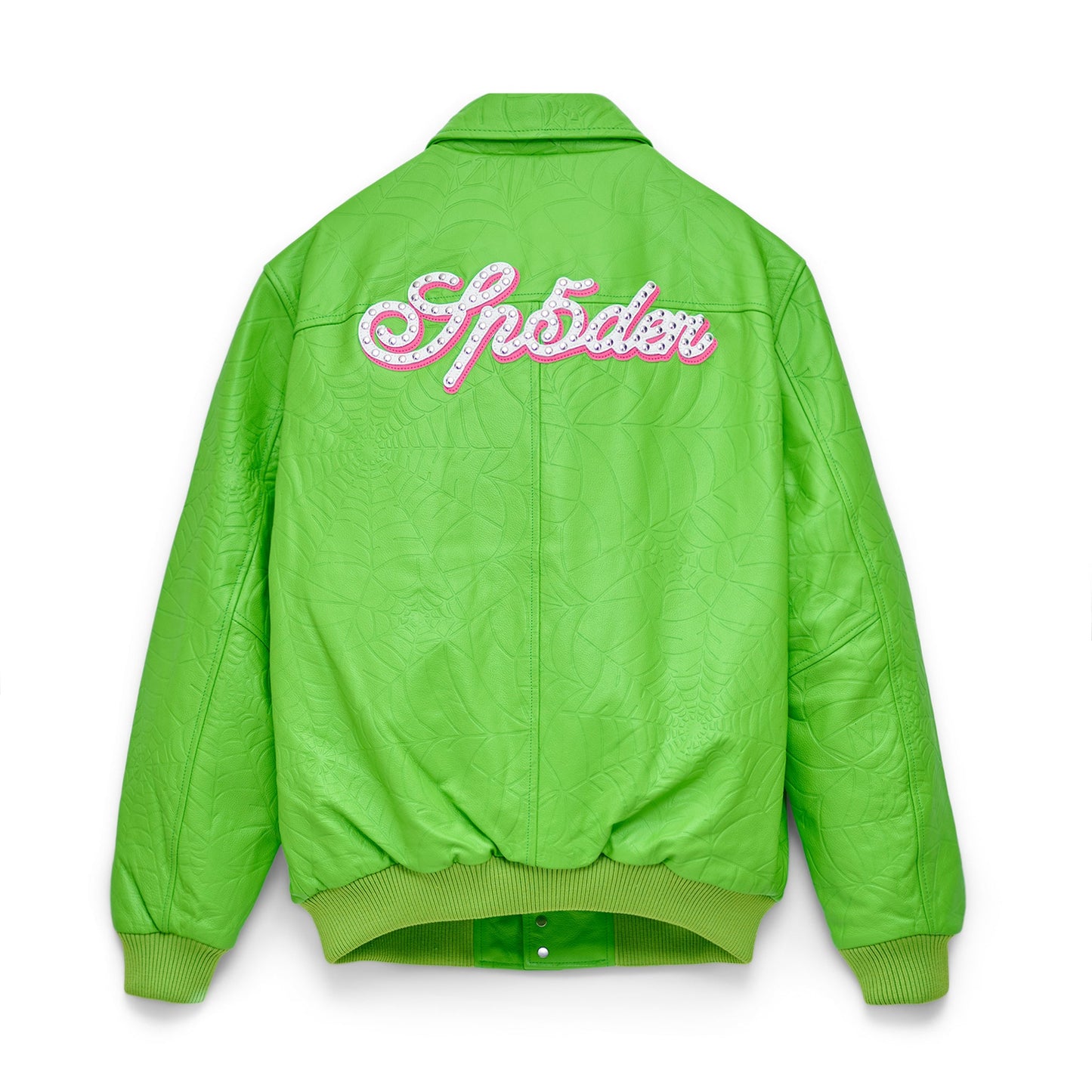 Back view of SP5DER Debossed Web Leather Jacket in Green