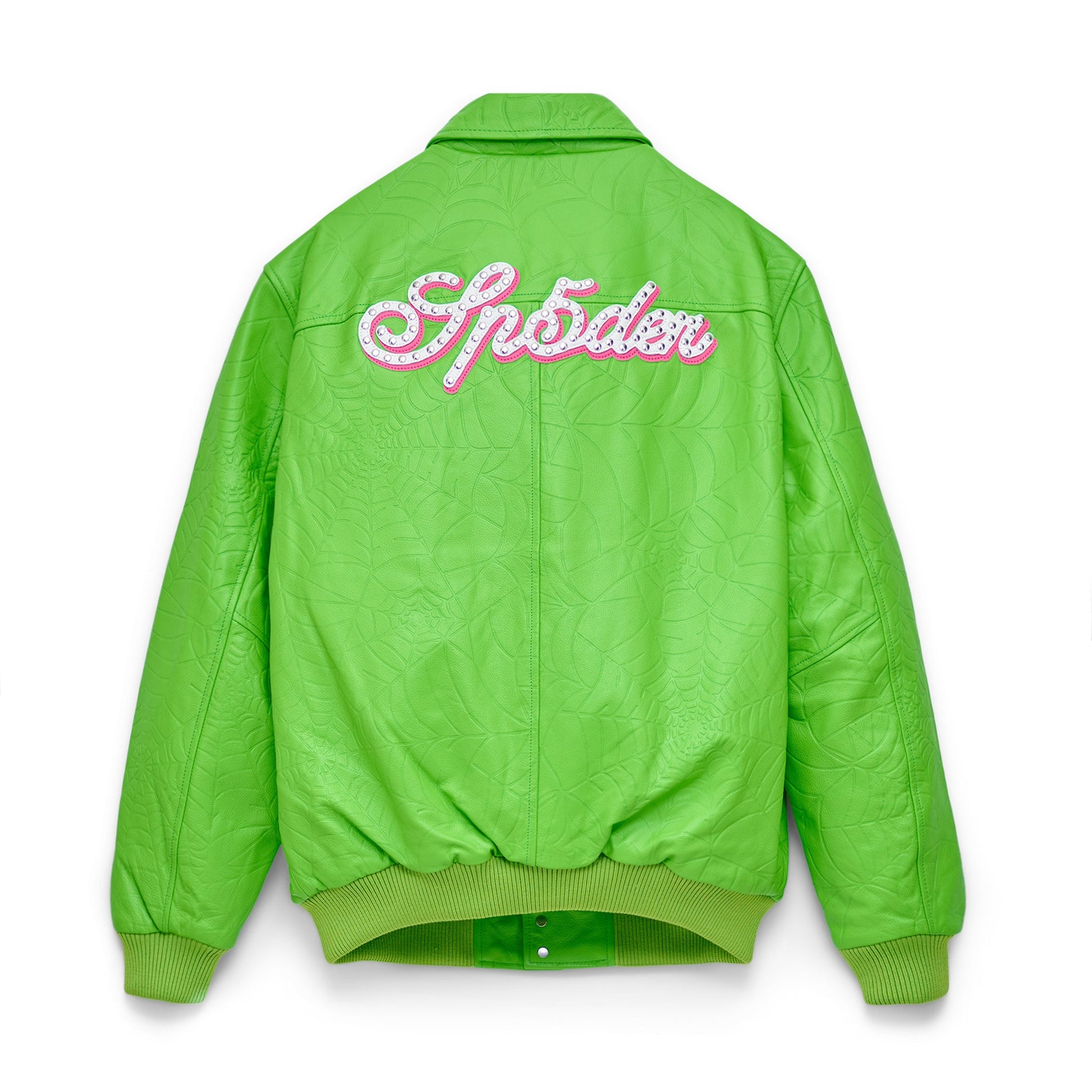 Back view of SP5DER Debossed Web Leather Jacket in Green