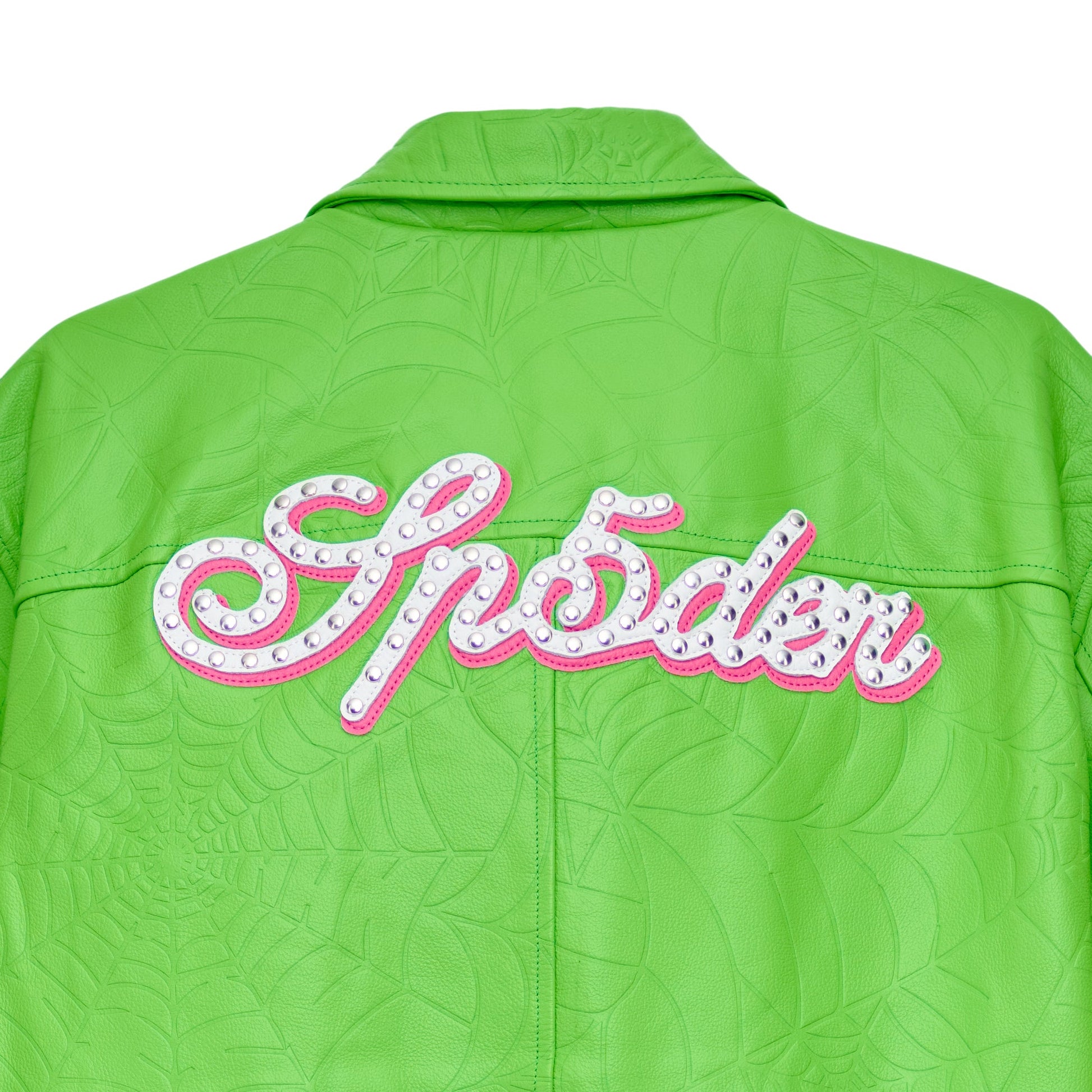 Detail view of studded text on SP5DER Debossed Web Leather Jacket in Green