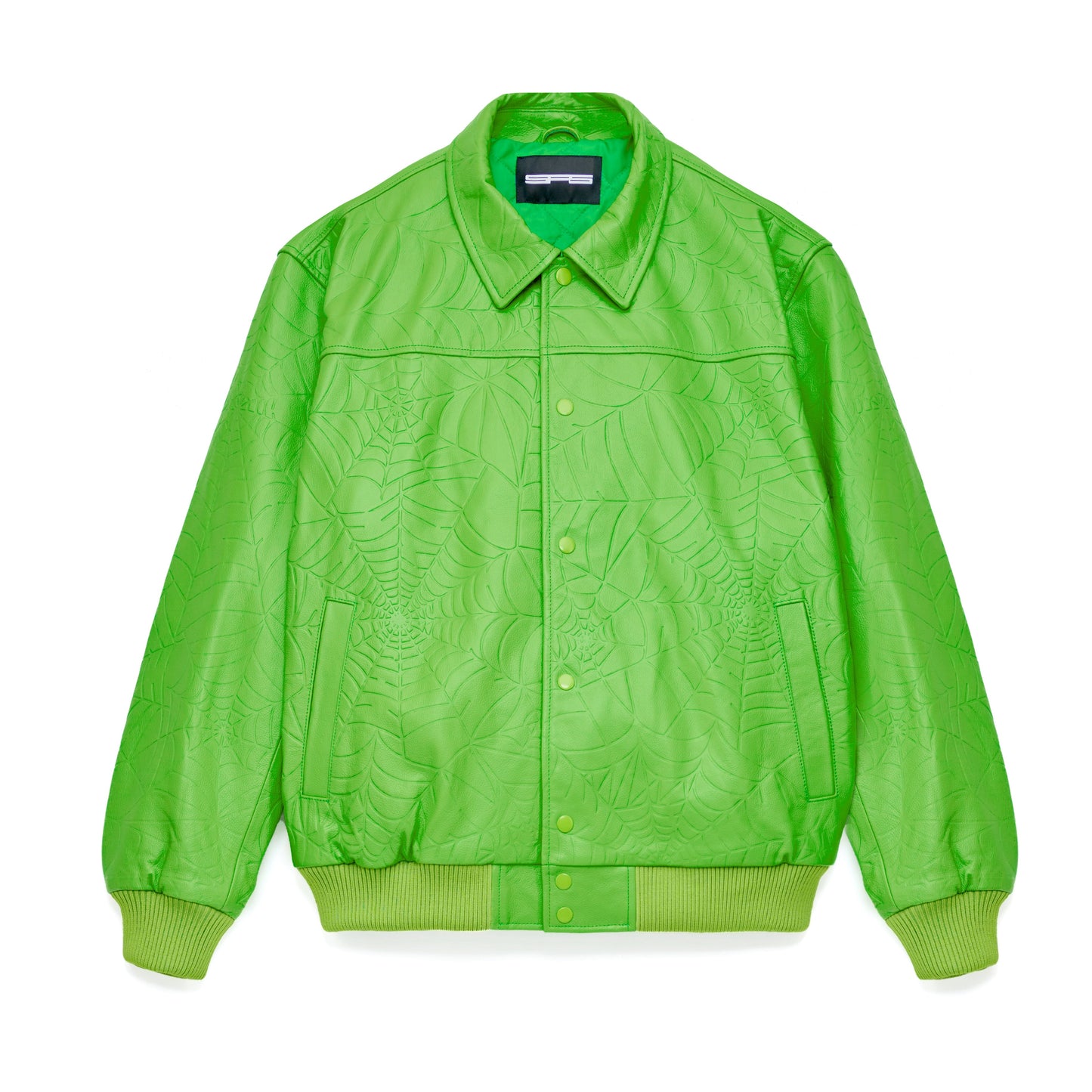 Front view of SP5DER Debossed Web Leather Jacket in Green