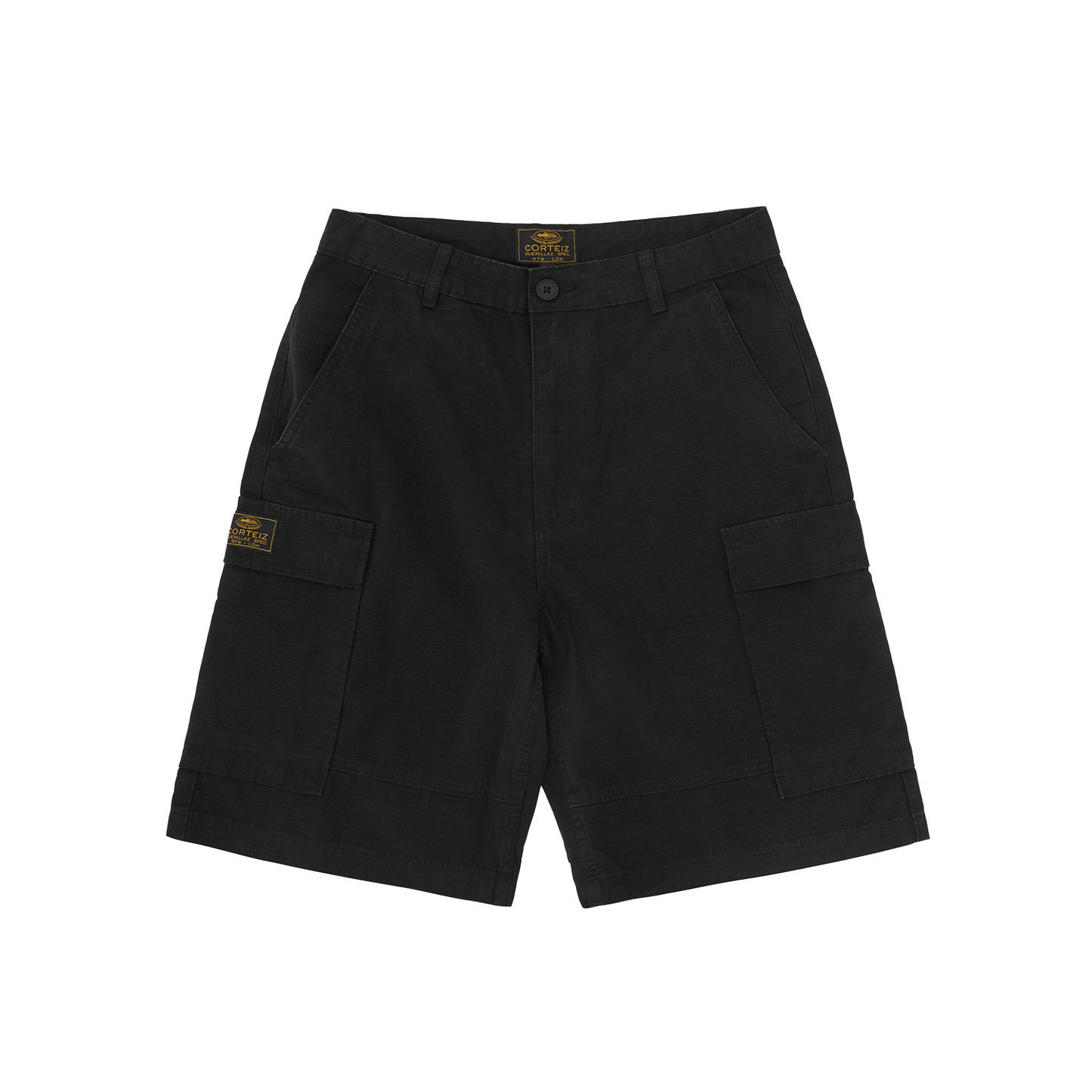 Corteiz Black Cotton Ripstop Guerillaz Cargo Shorts, front view showing relaxed fit and bare pockets