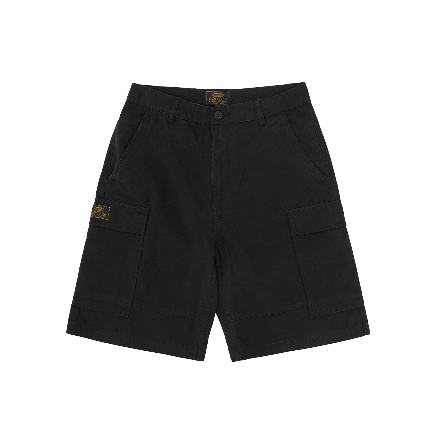 Corteiz Black Cotton Ripstop Guerillaz Cargo Shorts, front view showing relaxed fit and bare pockets