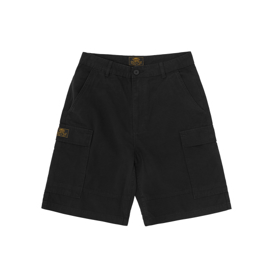 Corteiz Black Cotton Ripstop Guerillaz Cargo Shorts, front view showing relaxed fit and bare pockets