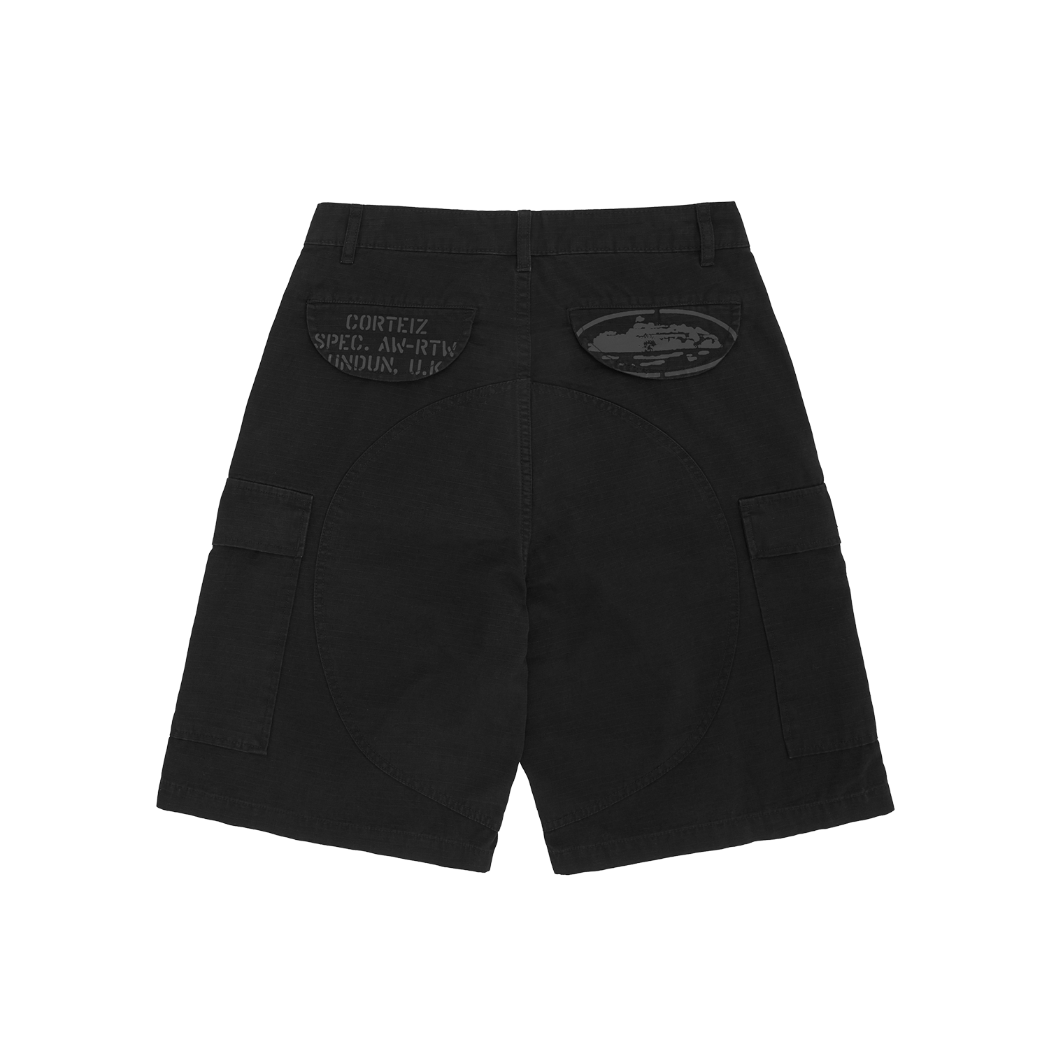 Corteiz Black Cotton Ripstop Guerillaz Cargo Shorts, back view showing screen-printed CRTZ logo on back pocket