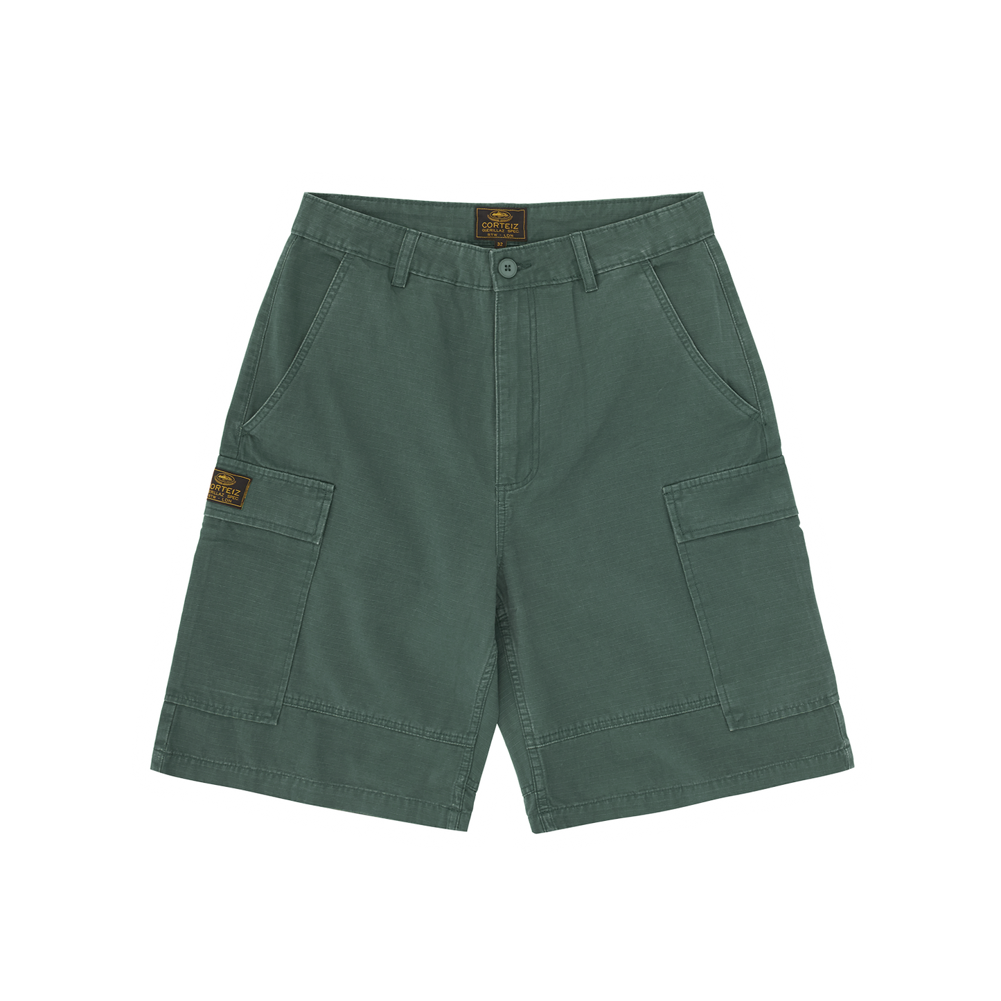 Corteiz Green Cotton Ripstop Cargo Shorts, Olive, front view showing relaxed fit and bare pockets
