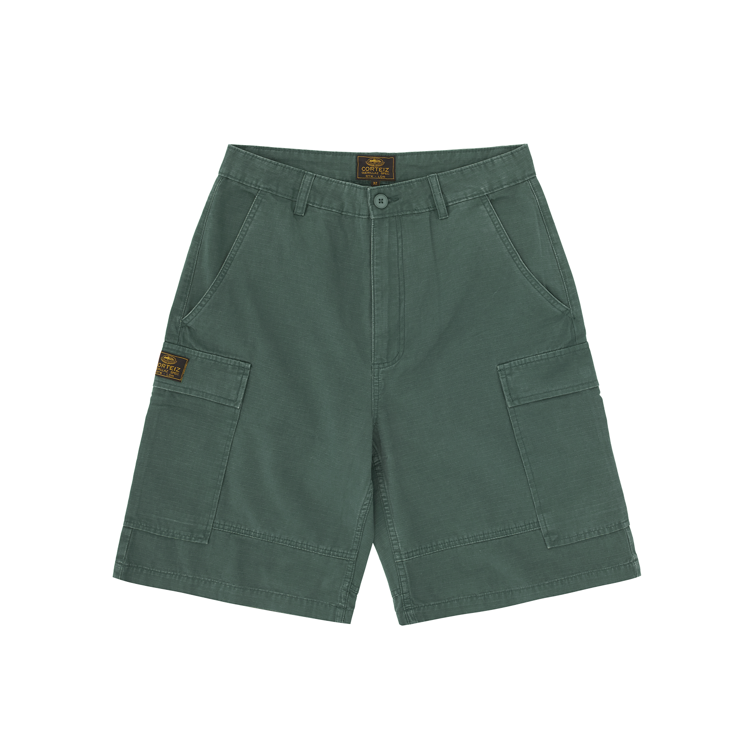 Corteiz Green Cotton Ripstop Cargo Shorts, Olive, front view showing relaxed fit and bare pockets