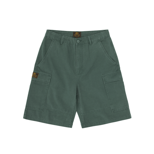 Corteiz Green Cotton Ripstop Cargo Shorts, Olive, front view showing relaxed fit and bare pockets