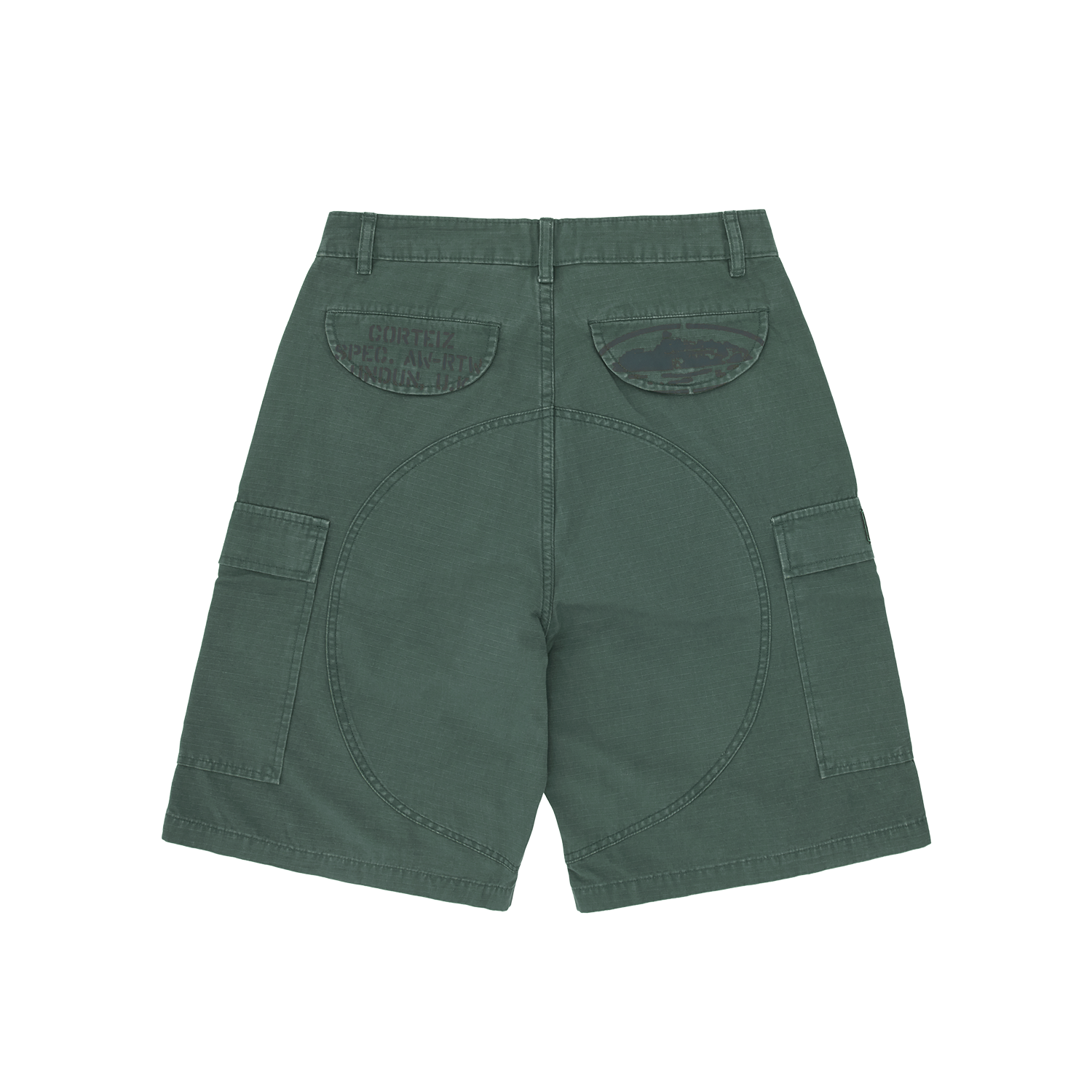 Corteiz Green Cotton Ripstop Cargo Shorts, Olive, back view showing screen-printed CRTZ logo on back pocket