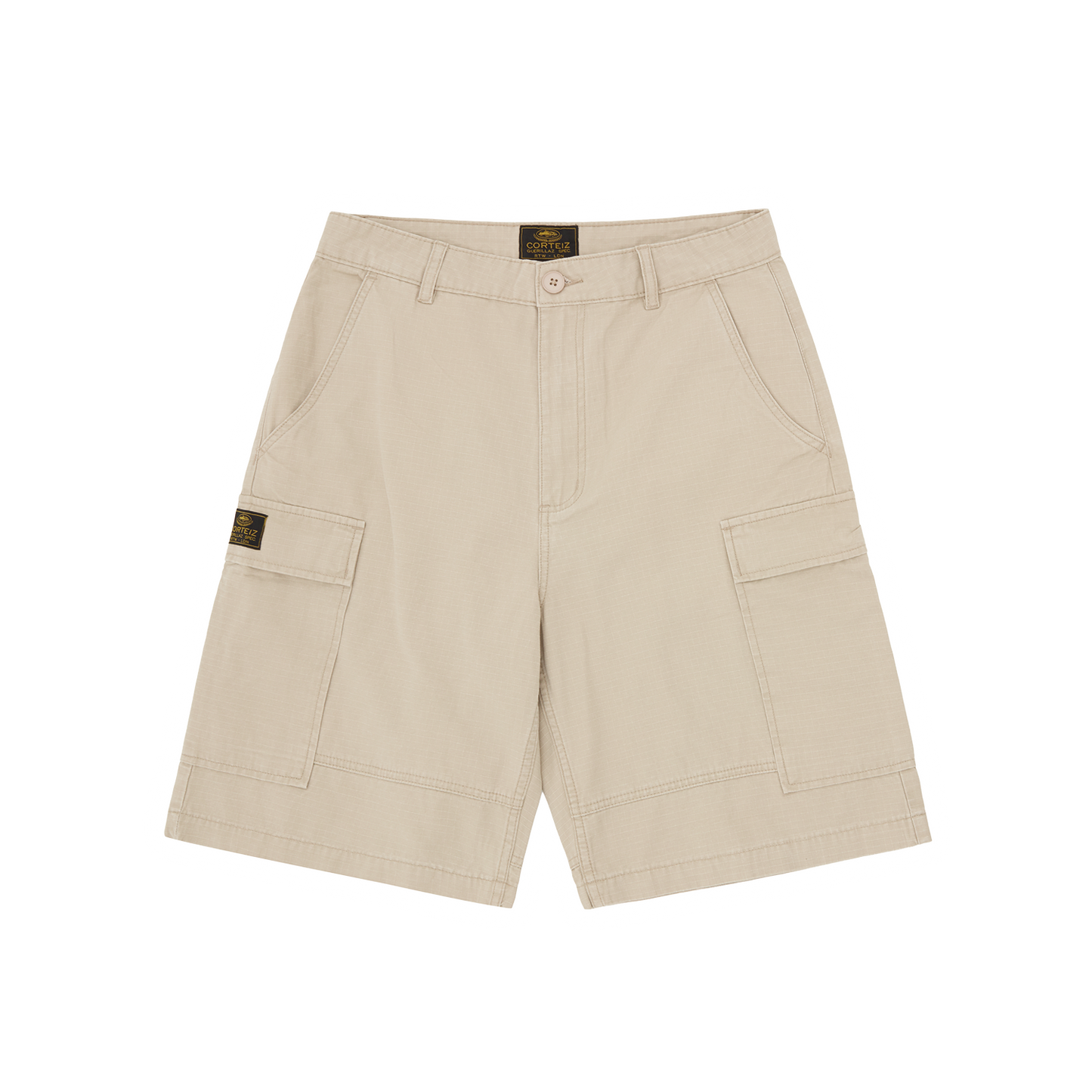 Corteiz Brown Cotton Ripstop Cargo Shorts, Tan, front view showing relaxed fit and bare pockets
