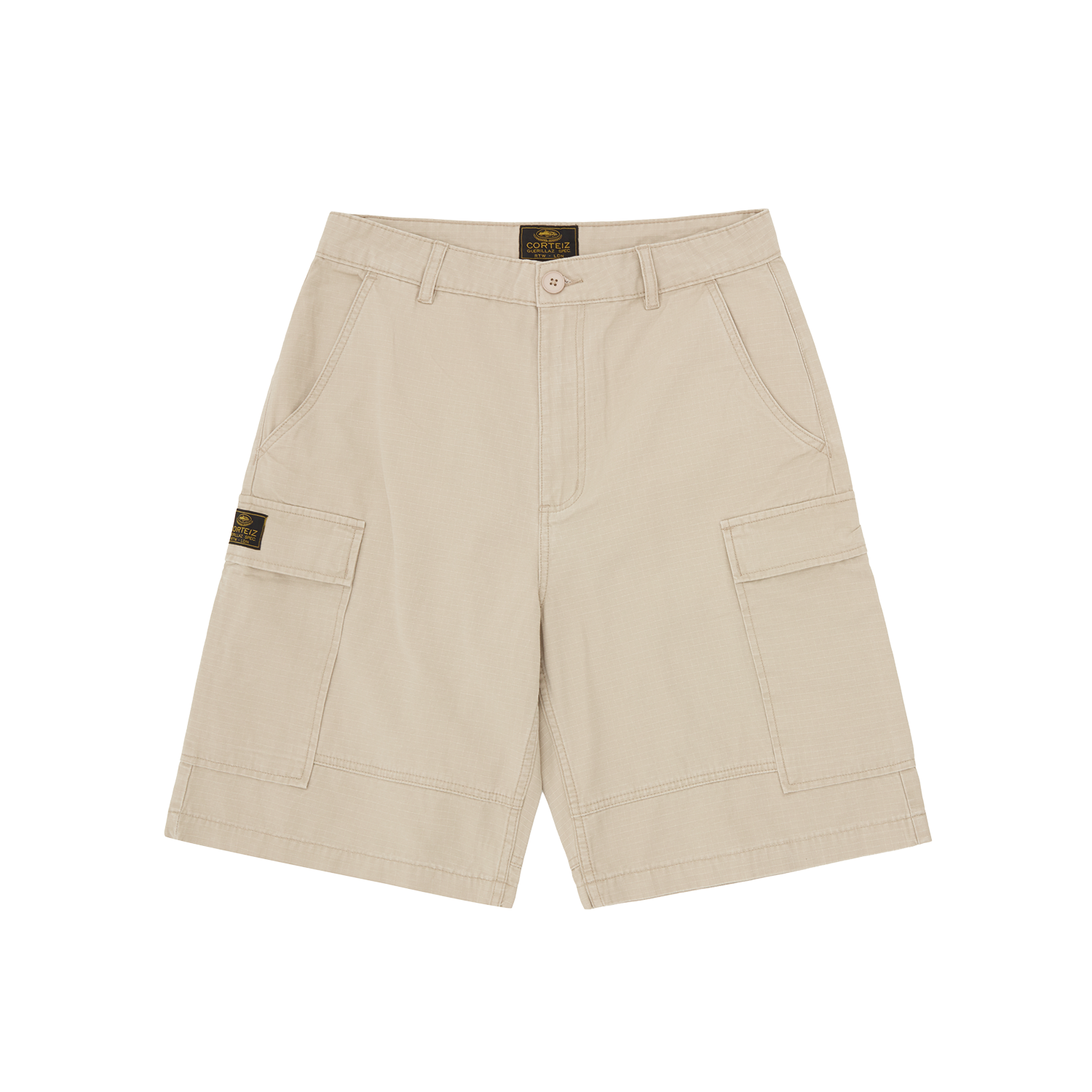 Corteiz Brown Cotton Ripstop Cargo Shorts, Tan, front view showing relaxed fit and bare pockets