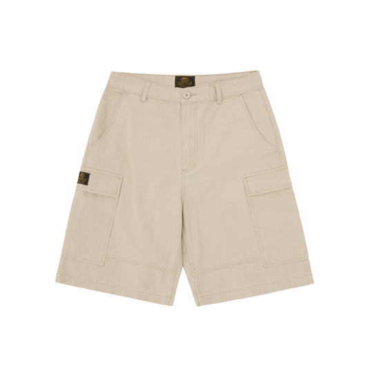Corteiz Brown Cotton Ripstop Cargo Shorts, Tan, front view showing relaxed fit and bare pockets
