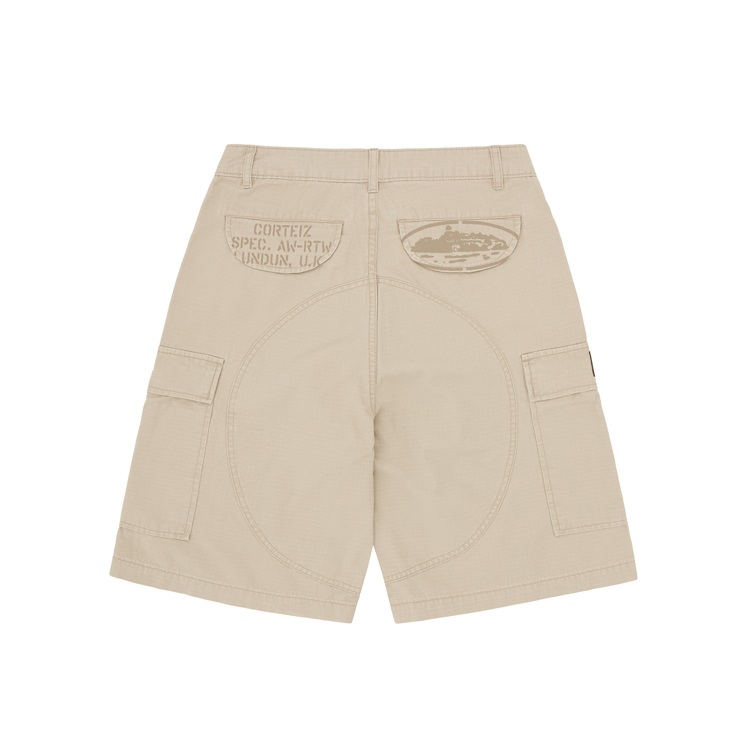Corteiz Brown Cotton Ripstop Cargo Shorts, Tan, back view showing screen-printed CRTZ logo on back pocket