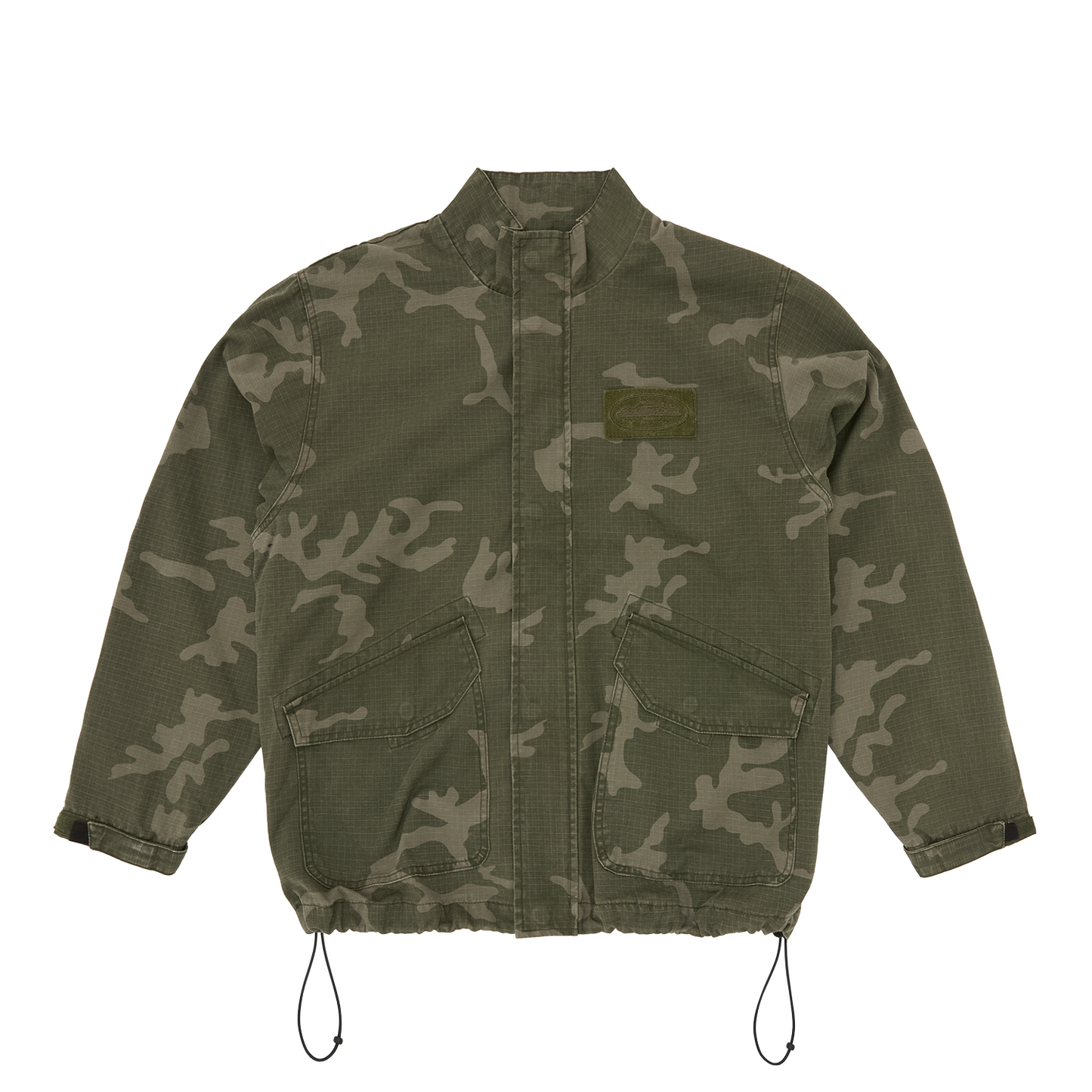 Corteiz Green Cotton Ripstop Guerillaz Jacket, Green Camo, front view showing camo print