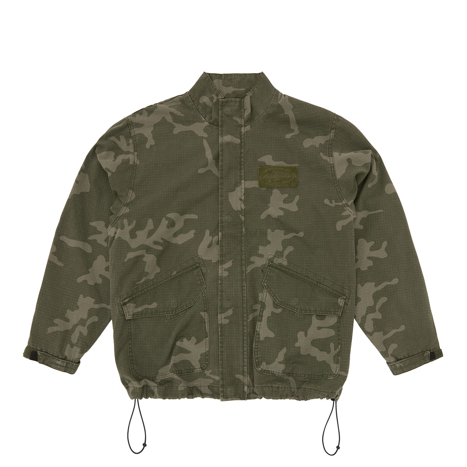 Corteiz Green Cotton Ripstop Guerillaz Jacket, Green Camo, front view showing camo print