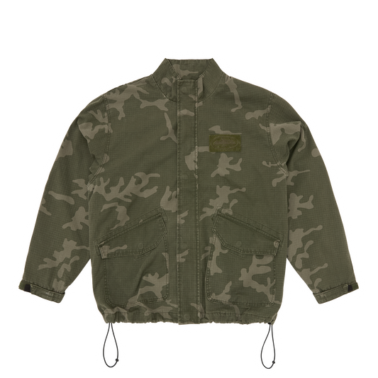 Corteiz Green Cotton Ripstop Guerillaz Jacket, Green Camo, front view showing camo print
